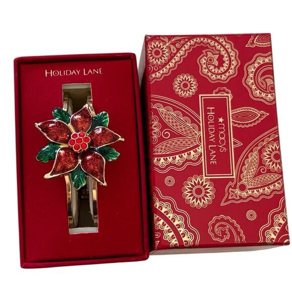 Macy’s Holiday Lane Gold Enameled Poinsettia Christmas Bangle Bracelet NIB - Picture 1 of 6